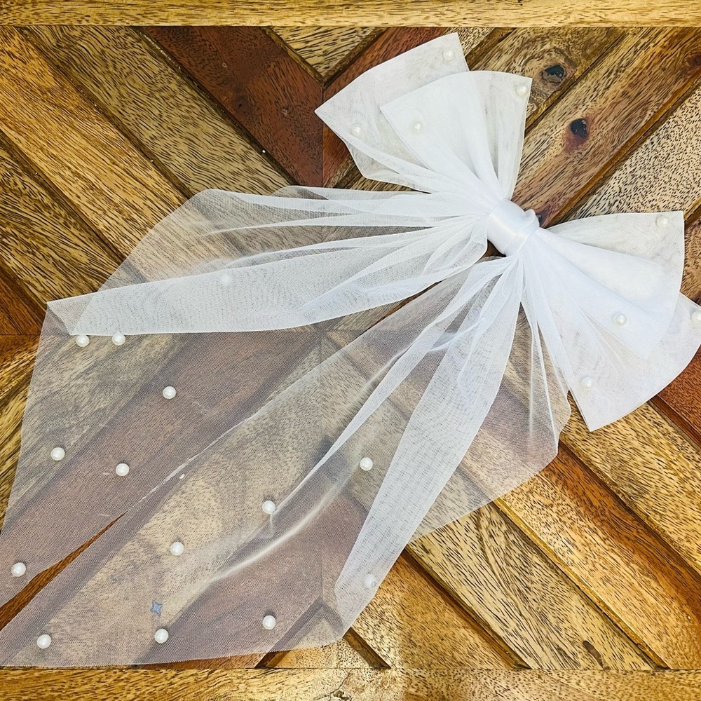 Pearl Tulle Bridal Bow Polka Dot Veil Clip Romantic Bride Hair - Picture 4 of 6